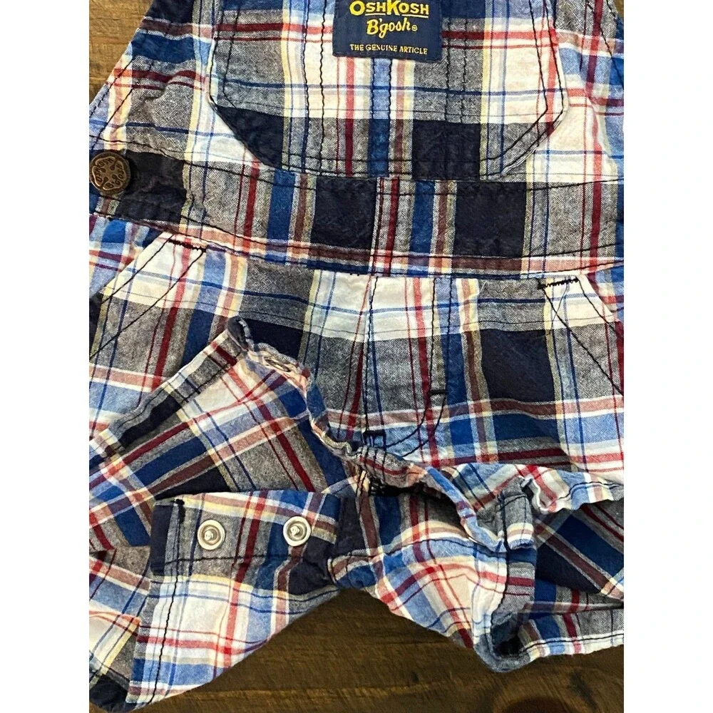 OshKosh B'gosh Plaid Vestbak Shortalls Bib Overalls Blue/Red/White Boys 6 Months